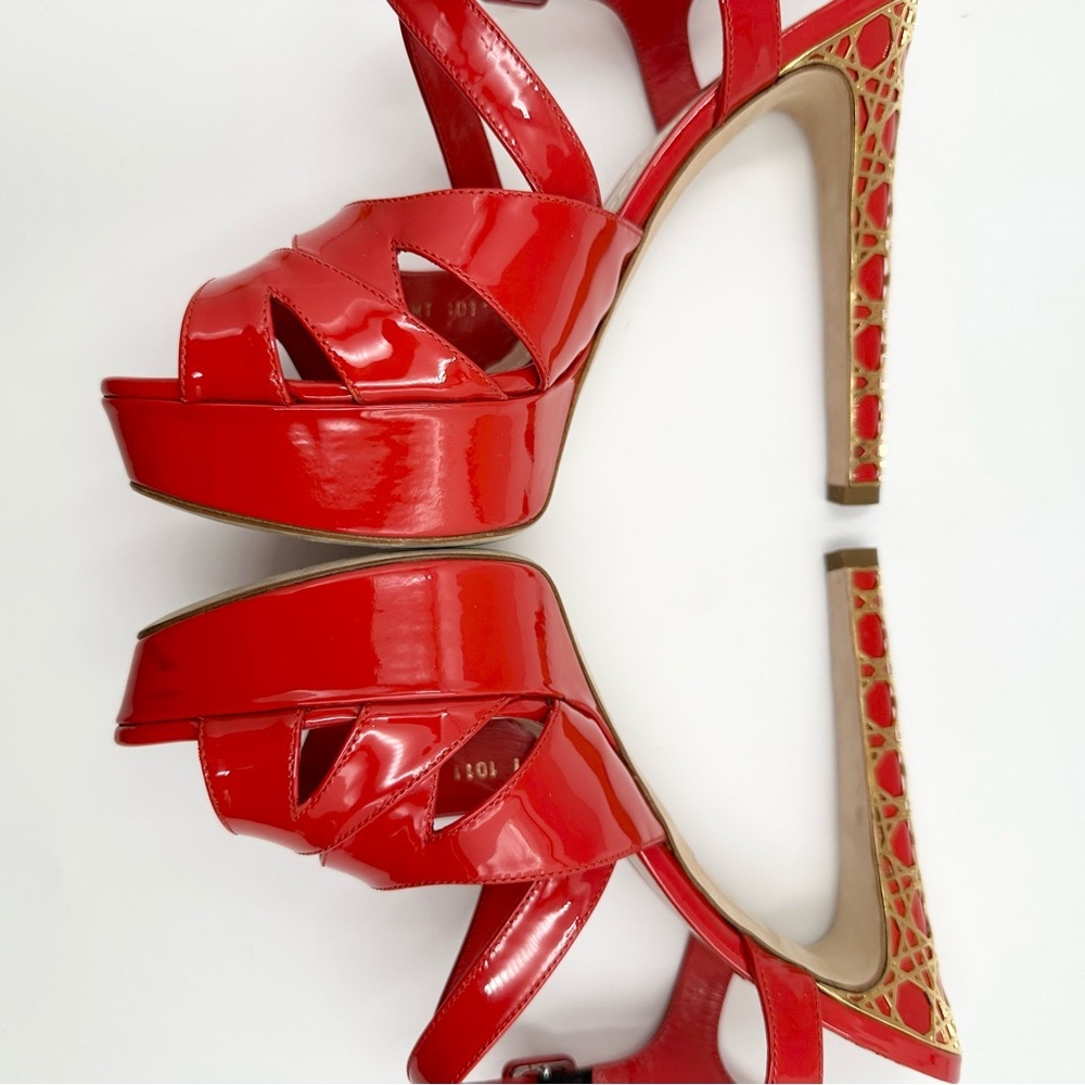 Dior Metal Cannage Strappy Peep Toe Heels Red Patent Leather - Picture 9 of 16